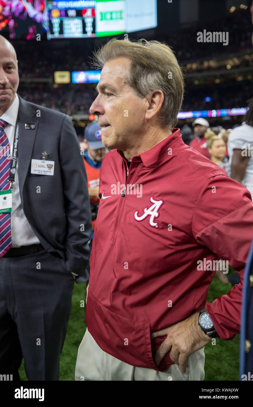 New Orleans, LA, USA. 1st Jan, 2018. Alabama head coach Nick Saban following the Tide's victory at the Allstate Sugar Bowl football game between the Clemson Tigers and the Alabama Crimson Tide at the Mercedes-Benz Supedome in New Orleans, LA. Kyle Okita/CSM/Alamy Live News Stock Photo