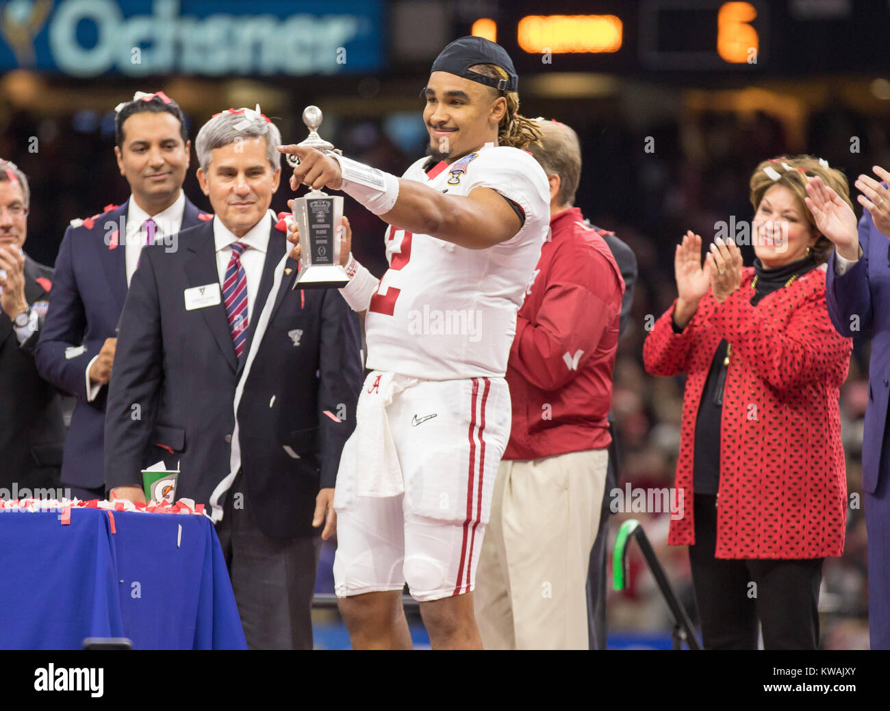 New Orleans, LA, USA. 1st Jan, 2018. Offensive player of the game Jalen Hurts #2 during the awards ceremony of the Allstate Sugar Bowl football game between the Clemson Tigers and the Alabama Crimson Tide at the Mercedes-Benz Supedome in New Orleans, LA. Kyle Okita/CSM/Alamy Live News Stock Photo