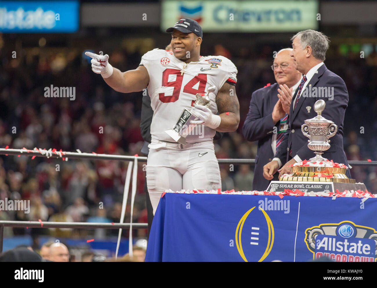 New Orleans, LA, USA. 1st Jan, 2018. Alabama's Da'Ron Payne #94 is awarded the defensive player of the game following the Allstate Sugar Bowl football game between the Clemson Tigers and the Alabama Crimson Tide at the Mercedes-Benz Supedome in New Orleans, LA. Kyle Okita/CSM/Alamy Live News Stock Photo