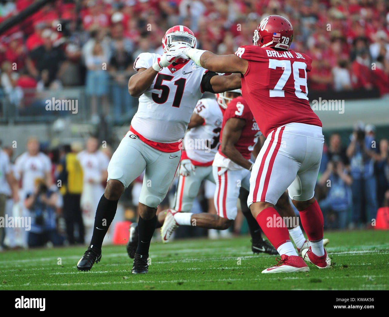 Pasadena, California, USA. 01st Jan, 2018. Georgia Bulldogs linebacker David Marshall #51 during the 2018 Rose Bowl semi-final game between the Oklahoma Sooners and the Georgia Bulldogs at the Rose Bowl Stadium in Pasadena, CA. John Green/CSM Credit: Cal Sport Media/Alamy Live News Stock Photo