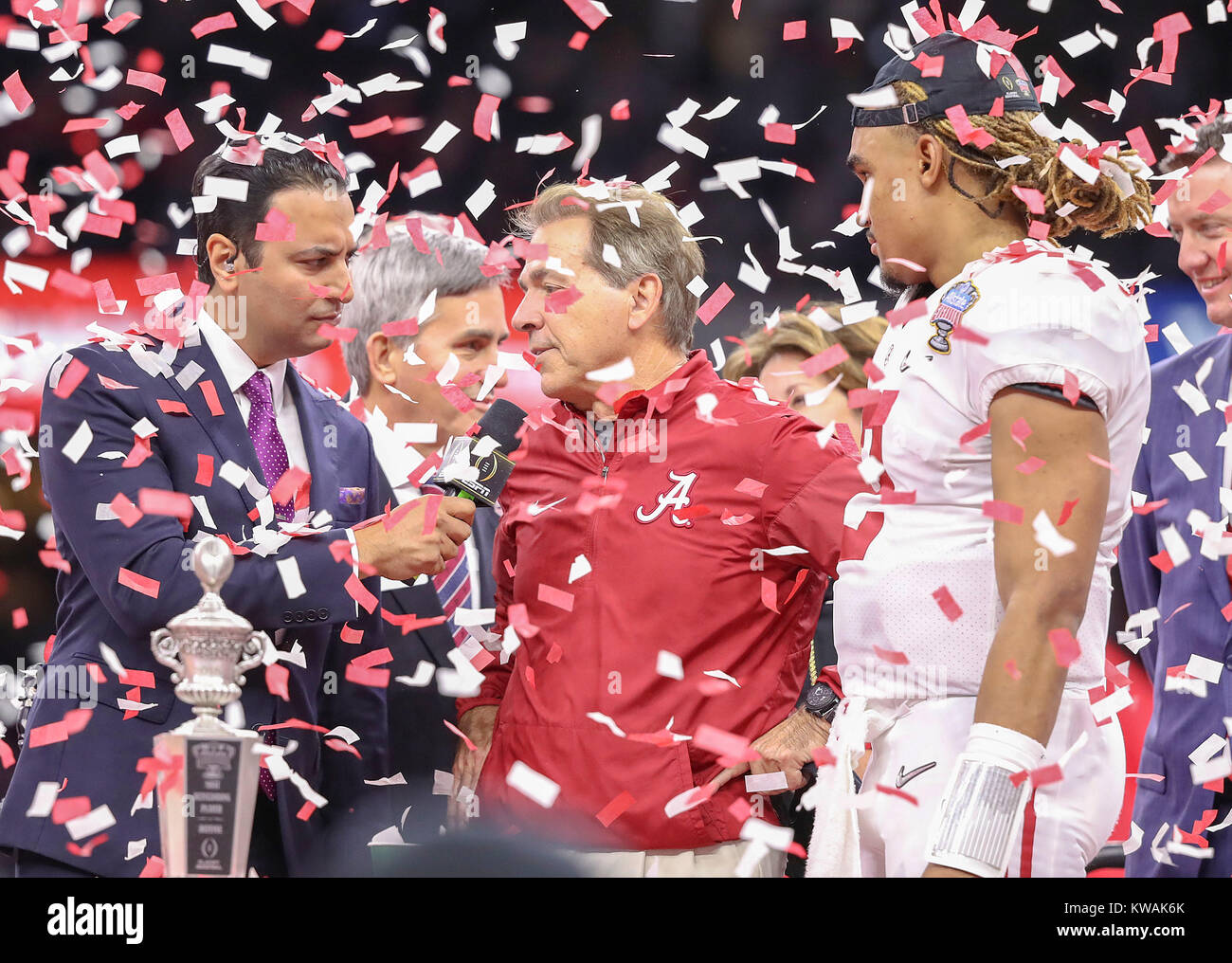 New Orleans, LA, USA. 1st Jan, 2018. Alabama Crimson Tide head coach Nick Saban is interviewed by ESPN analyst Joe Tessitore during the Allstate Sugar Bowl between the Alabama Crimson Tide and the Clemson Tigers at the Mercedes-Benz Superdome in New Orleans, La. John Glaser/CSM/Alamy Live News Stock Photo