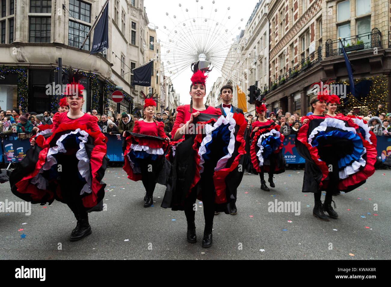 London, Britain. 1st Jan, 2018. Performers parade during the annual New Year's Day Parade in London, Britain, on Jan. 1, 2018. Credit: Ray Tang/Xinhua/Alamy Live News Stock Photo