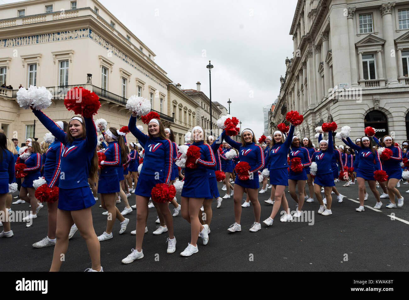 London, Britain. 1st Jan, 2018. Performers parade during the annual New Year's Day Parade in London, Britain, on Jan. 1, 2018. Credit: Ray Tang/Xinhua/Alamy Live News Stock Photo