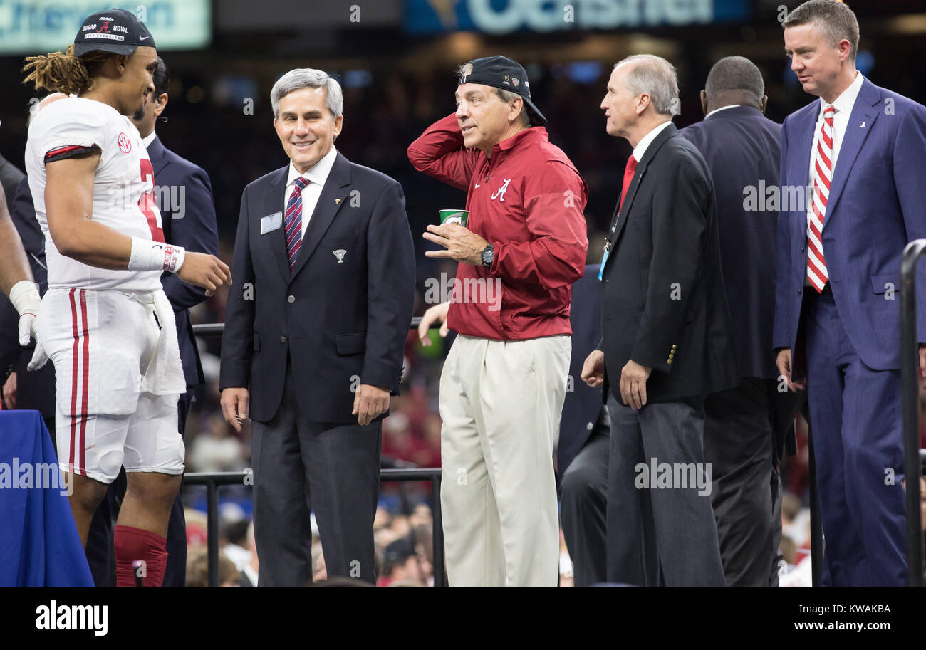 New Orleans, LA, USA. 1st Jan, 2018. Alabama head coach Nick Saban wears his Alabama Sugar Bowl championship cap on the awards stage of the Allstate Sugar Bowl football game between the Clemson Tigers and the Alabama Crimson Tide at the Mercedes-Benz Supedome in New Orleans, LA. Kyle Okita/CSM/Alamy Live News Stock Photo