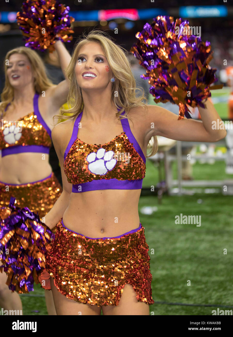 New Orleans, LA, USA. 1st Jan, 2018. Clemson Rally Cat Rachel Wyatt performs on the sidelines during the Allstate Sugar Bowl football game between the Clemson Tigers and the Alabama Crimson Tide at the Mercedes-Benz Supedome in New Orleans, LA. Kyle Okita/CSM/Alamy Live News Stock Photo
