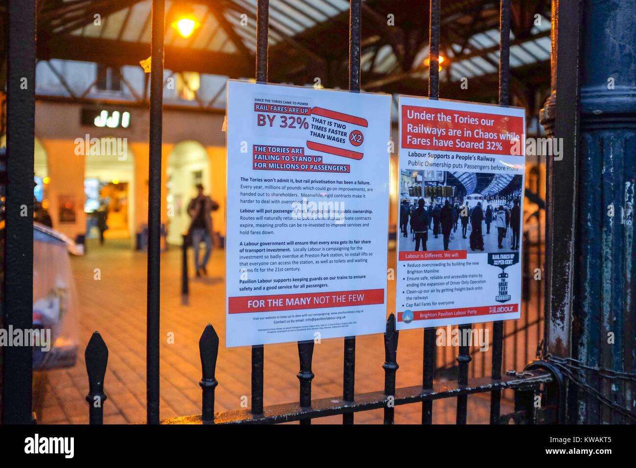 Brighton, UK. 2nd Jan, 2018. Protest posters outside Brighton railway station this morning against the rail fare rises in Britain which have gone up by an average of 3.4 per cent today Credit: Simon Dack/Alamy Live News Stock Photo