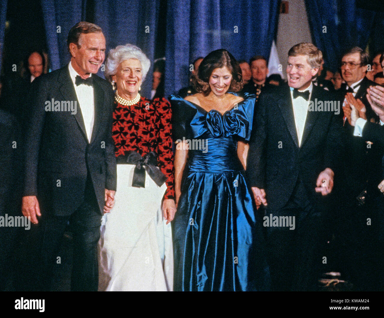 From left to right: United States President-elect George H.W. Bush, Barbara Bush, Marilyn Quayle, and US Vice President-elect Dan Quayle, attends the Inaugural Gala at the Washington DC Convention Center in Washington, DC on January 18 1989. Credit: David Burnett/Pool via CNP - NO WIRE SERVICE - Photo: David Burnett/Consolidated/dpa Stock Photo