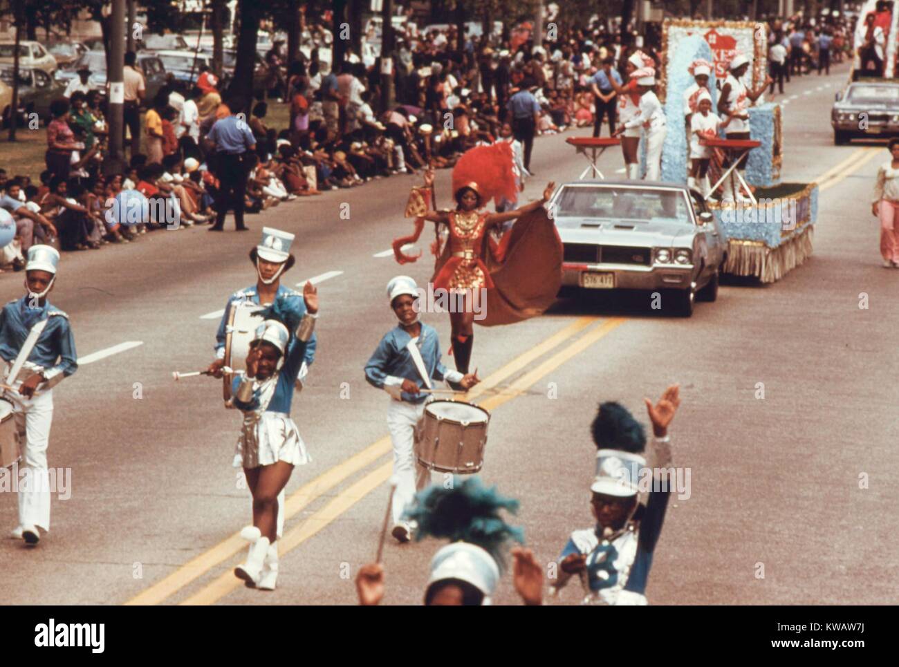 Marching band of Bud Billiken Day Parade, an annual event celebrating black history and pride, South Side Chicago, Illinois, August, 1973. Image courtesy National Archives. Stock Photo