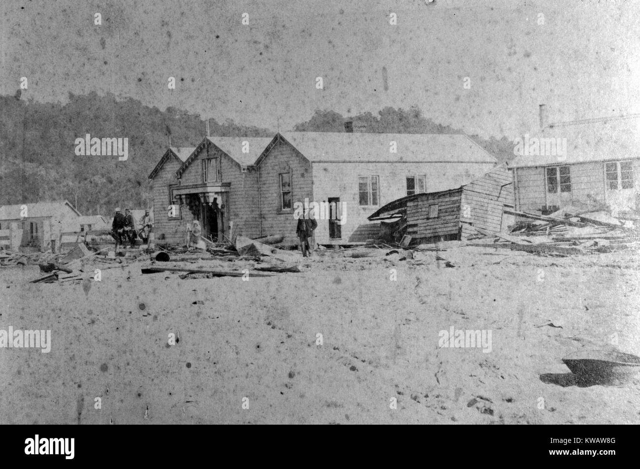 Aftermath of flooding at Greymouth Court House, Westland, New Zealand, 8/9-2-1872 Stock Photo