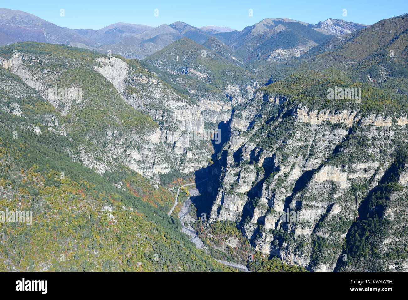 AERIAL VIEW. Lower Gorges du Cians in the fall. Touët-sur-Var, French Riviera's hinterland, Alpes-Maritimes, France. Stock Photo