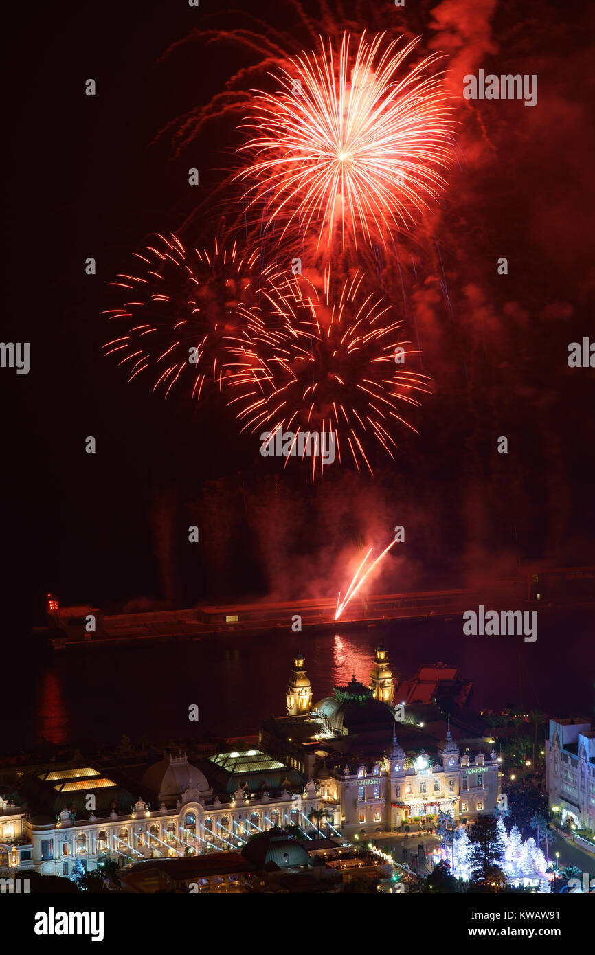 Fireworks over the Monte-Carlo Casino to celebrate the New Year (2018). District of Monte-Carlo, Principality of Monaco. Stock Photo