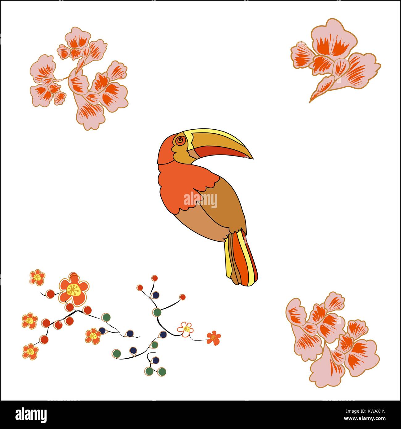 Funny cartoon Rainbow Toucan bird with Golden wings. Bright bird parrot. Stock Vector