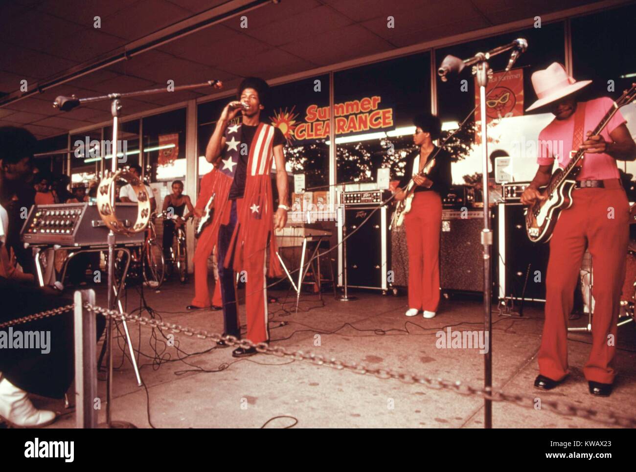 A band performs at the Lake Meadows Shopping Center in Chicago, Illinois, August, 1973. Stock Photo