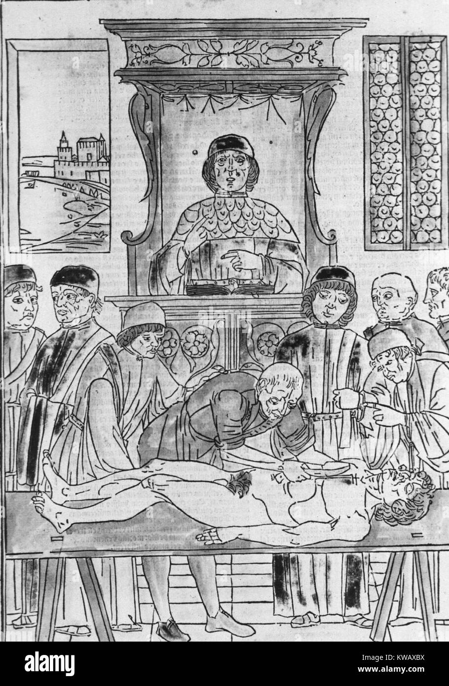 Illustration of an instructor standing on a lectern surrounded by students, one of them prepares to dissect a human corpse, 1500. Stock Photo