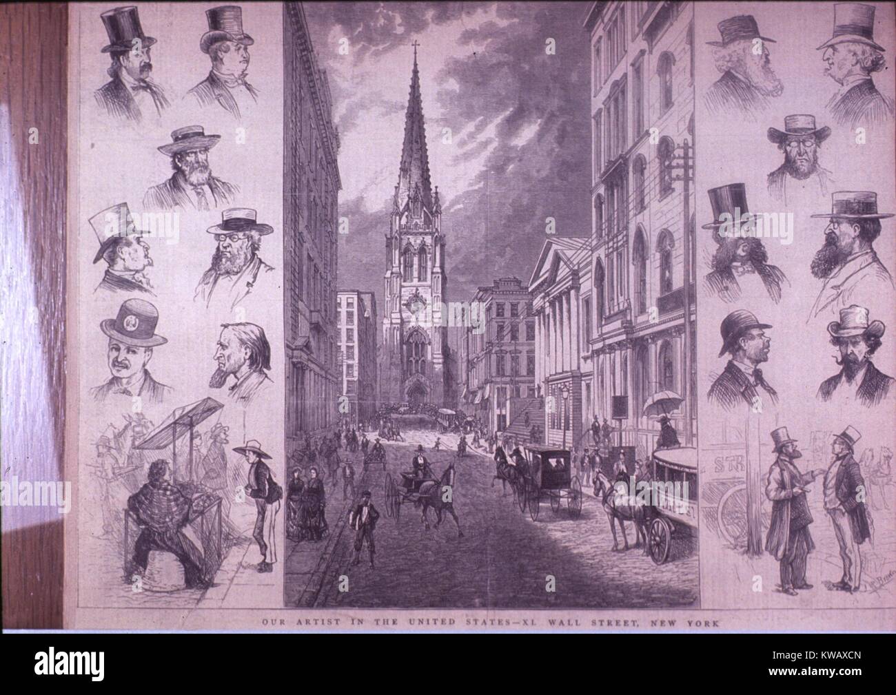 Photo-mechanical print of a wood engraving showing Wall Street (in New York City) with horse drawn carriages and people ambling about, with small portraits of various men on either side, 1850. Courtesy National Library of Medicine. Stock Photo