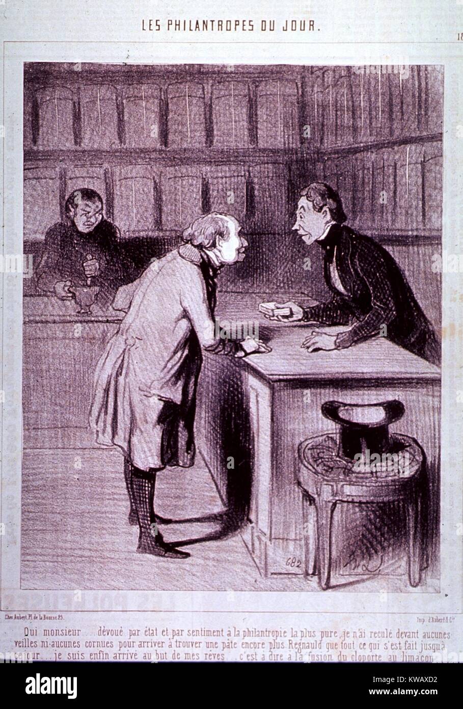 French lithograph by Honoreu Daumier of the interior of a pharmacy featuring a clerk with a customer, and an assistant grinding some medicinal substance with a mortar and pestle, France, 1844. Courtesy National Library of Medicine. Stock Photo