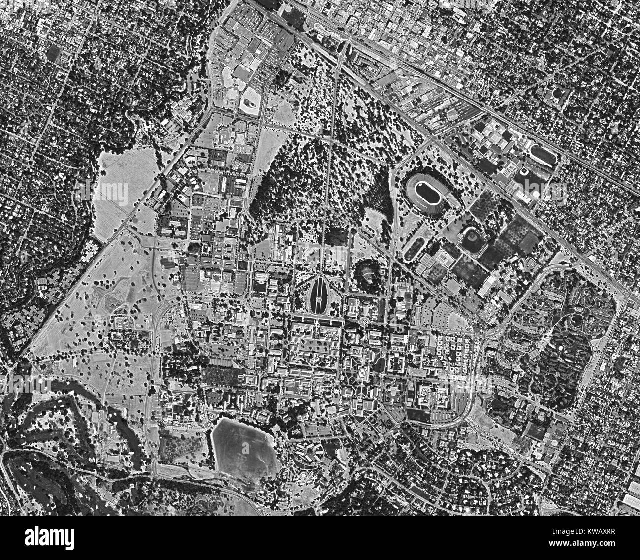 Declassified reconnaissance satellite view, taken by the Central Intelligence Agency's (CIA) Keyhole (AKA Corona or Discoverer) spy satellite of Stanford University and a portion of University Avenue in the Silicon Valley town of Palo Alto, California, September, 1984. Stock Photo