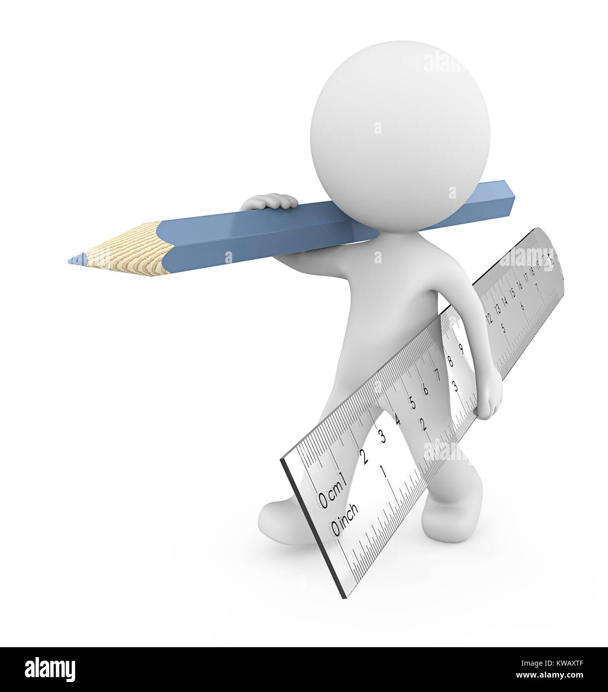 Dude 3D character carrying large transparent plastic Ruler and blue Pencil.  3d Render. Stock Photo