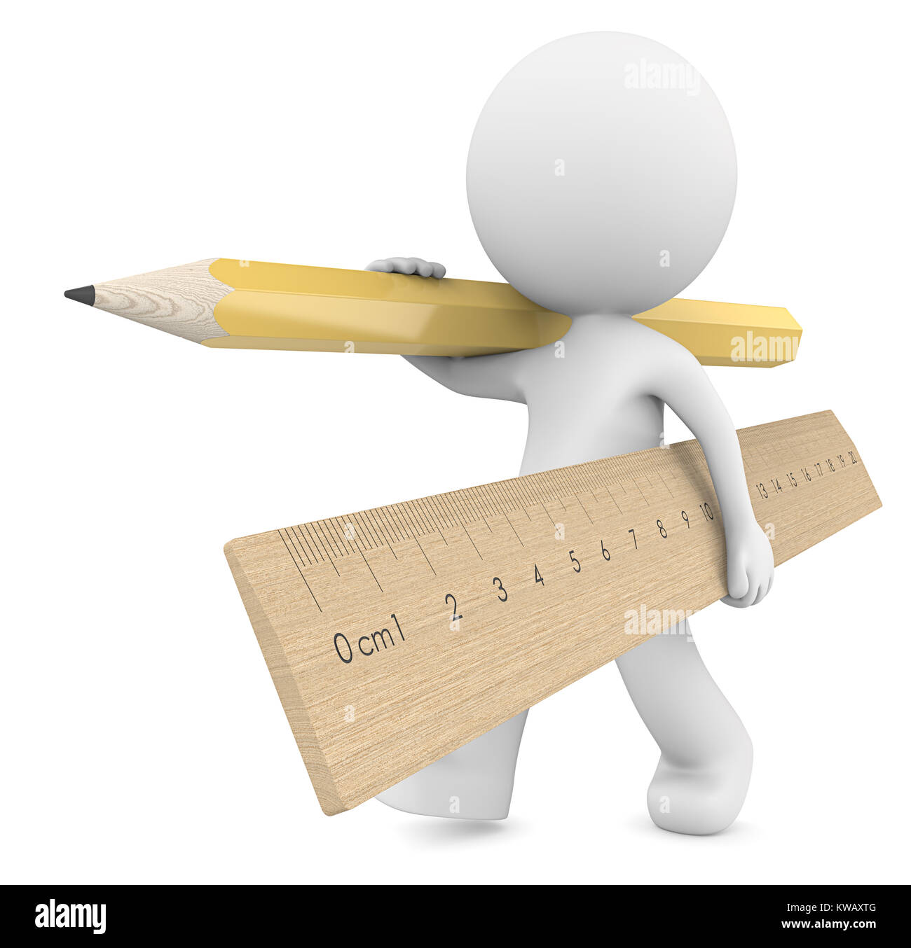 Dude 3D character carrying large wooden Ruler and yellow Pencil.  3d Render. Stock Photo