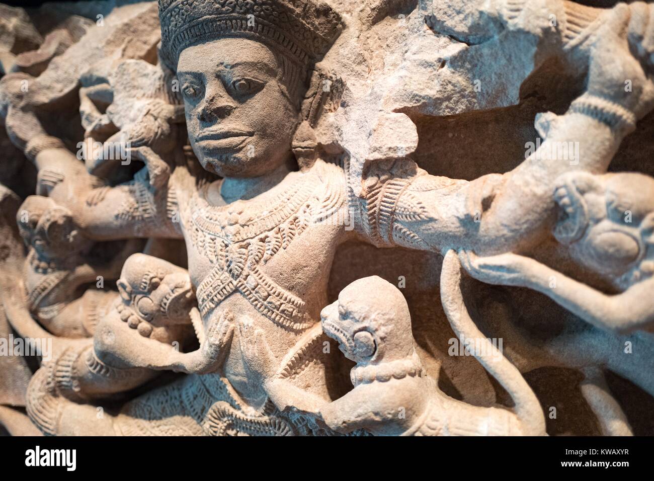 Detail view from the Indian carved stone work Kumbhakarna Battles the Monkeys, showing a scene from the epic Ramayana in which Kumbhakarna defeats an army of monkeys, October 2, 2016. Stock Photo