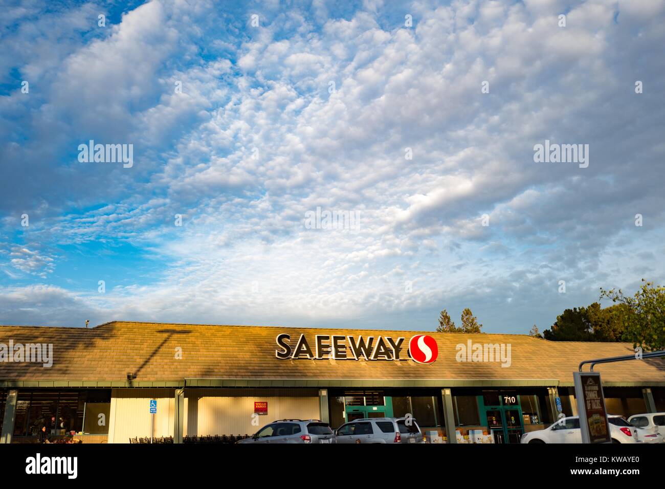 Safeway supermarket with dramatic, cloudy sky, Walnut Creek, California, October 13, 2016. Stock Photo