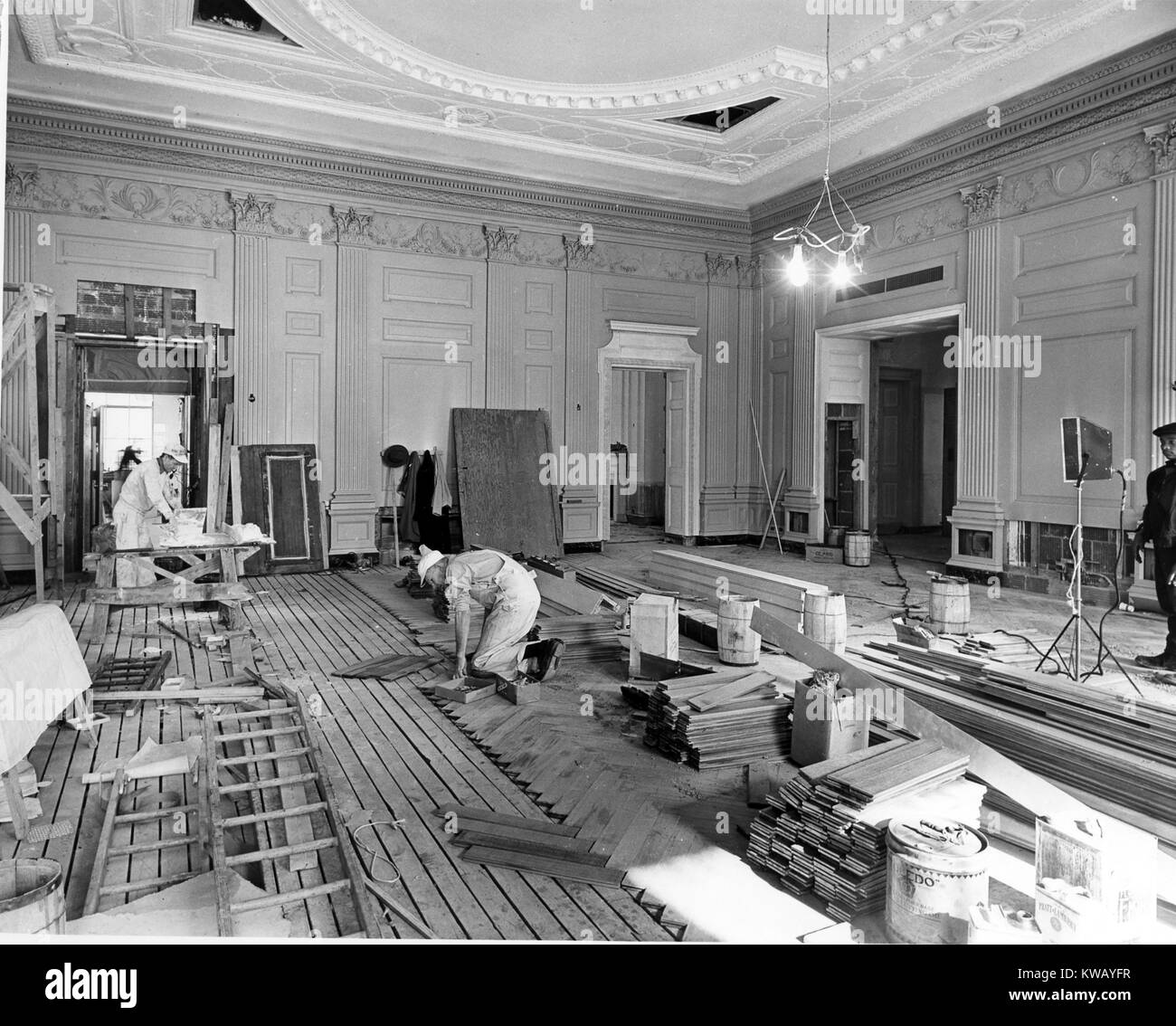 Northeast view of the state dining room during White House renovation, Washington, D.C, January 23, 1952. Stock Photo