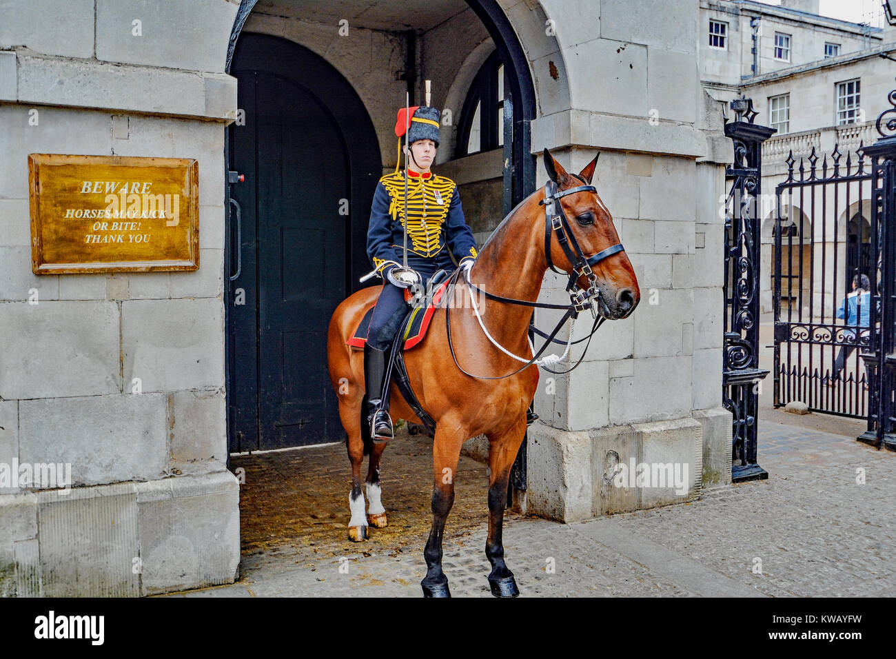 Horse guard on duty outside of Whitehall, London, England. Stock Photo