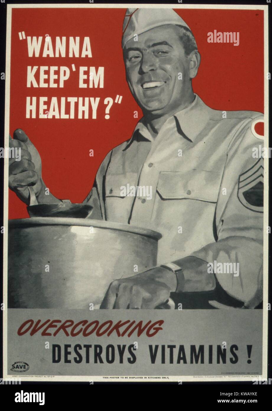 Government issued wartime educational poster encouraging Americans not to overcook food, 1941. Stock Photo