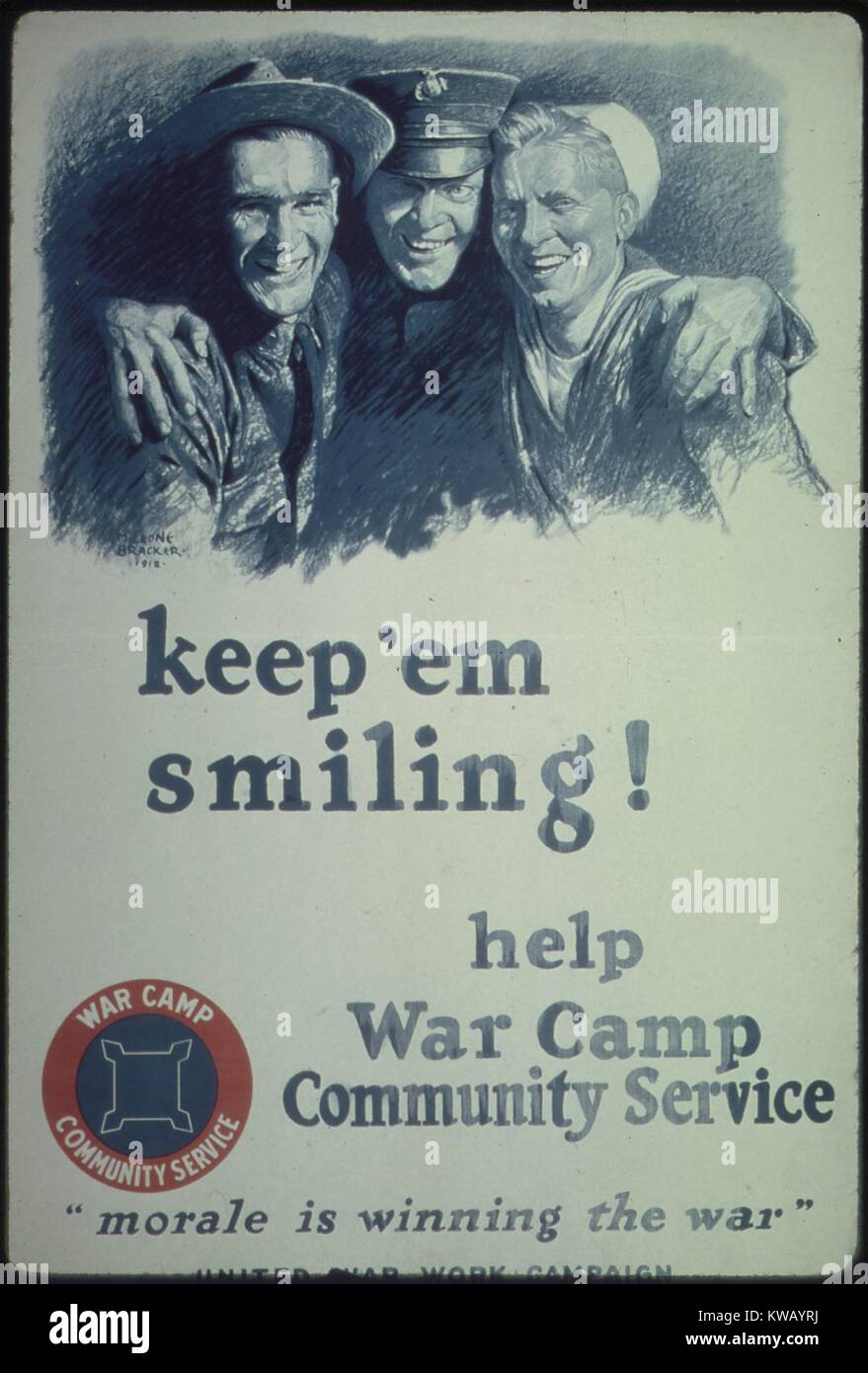 Poster from World War I advertising, 'Keep 'Em Smiling! Help War Camp Community Service', 1918. Image courtesy National Archives. Stock Photo