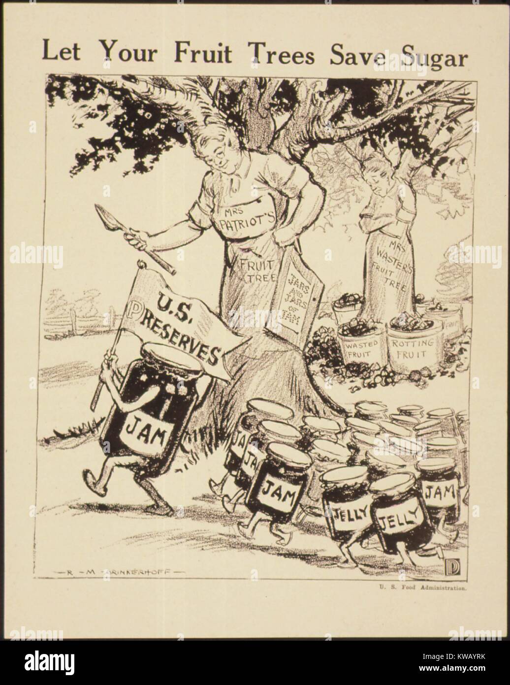 Poster from World War I entitled 'Let Your Fruit Trees Save Sugar, ' encouraging jam production and food rationing for United States war causes, 1917. Image courtesy National Archives. Stock Photo