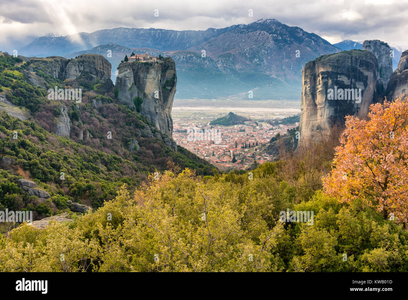 Meteora in Greece. Natural rock formation. Monastery of the Holy Trinity. Landscape - travel. Stock Photo