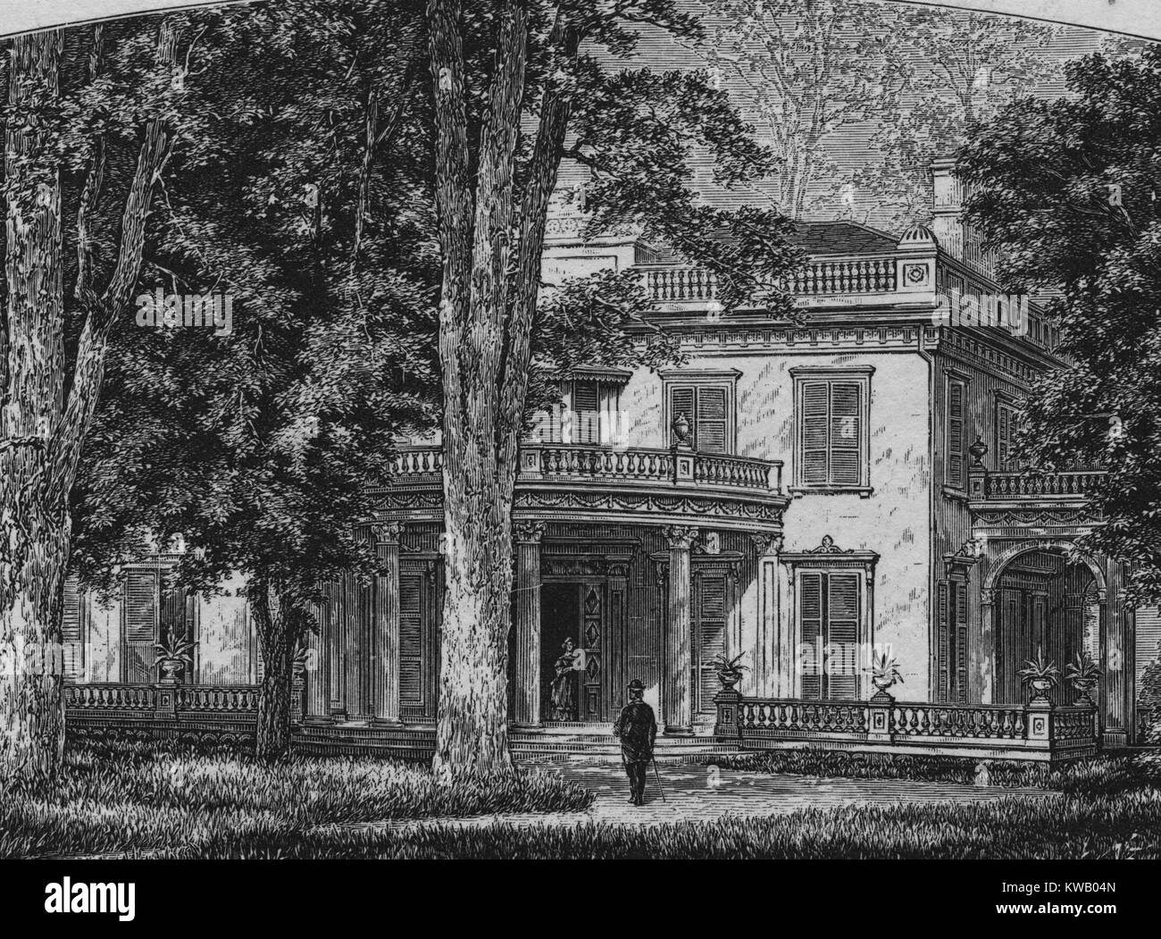 Engraving of the exterior of Montgomery Place, an early 19th century estate and National Historic Landmark, Annandale-on-Hudson, New York, 1836. From the New York Public Library. Stock Photo