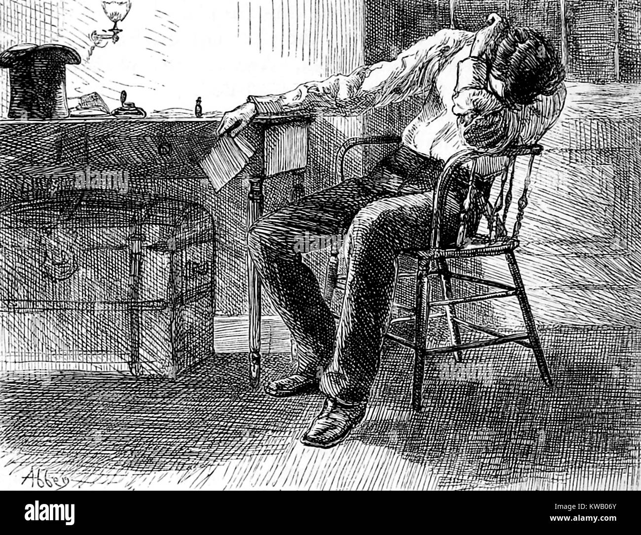 Engraved image depicting a man in his study burying his face in has arm after receiving bad news in a letter, which he holds in his outstretched hand, 1878. Courtesy Internet Archive. Stock Photo
