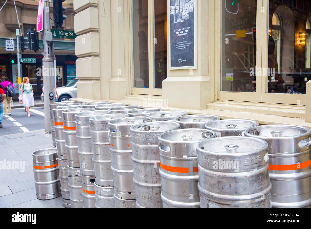 Beer barrels outside a bar public house in Sydney city centre,Australia Stock Photo