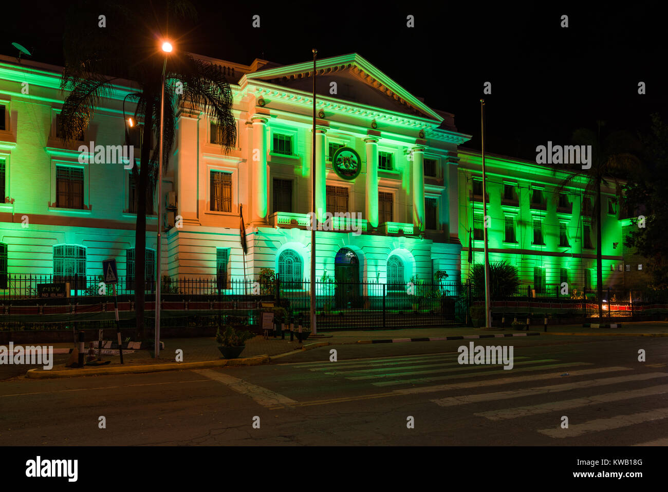 The Nairobi City Hall building exterior on New Years Day which is lit up in colour to celebrate the new year, Nairobi, Kenya Stock Photo