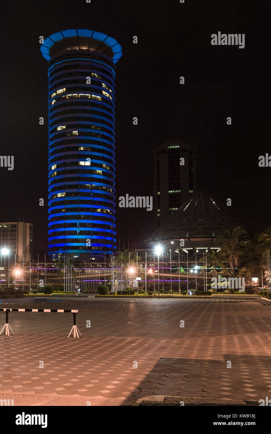 The Kenyatta International Conference Centre KICC building exterior on New Years Day which is lit up in colour to celebrate the new year, Nairobi Stock Photo