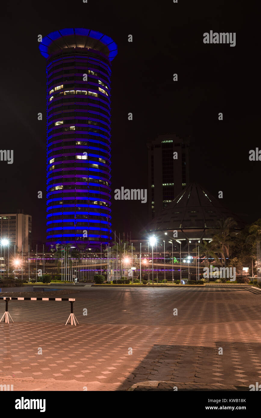 The Kenyatta International Conference Centre KICC building exterior on New Years Day which is lit up in colour to celebrate the new year, Nairobi Stock Photo