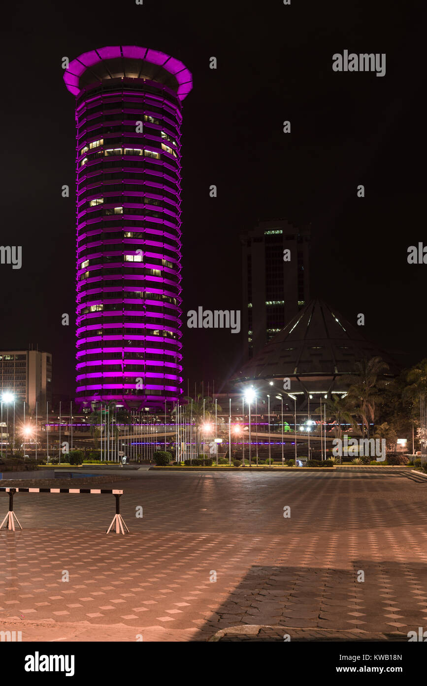 The Kenyatta International Conference Centre KICC building exterior on New Years Day which is lit up in colour to celebrate the new year, Nairobi Stock Photo