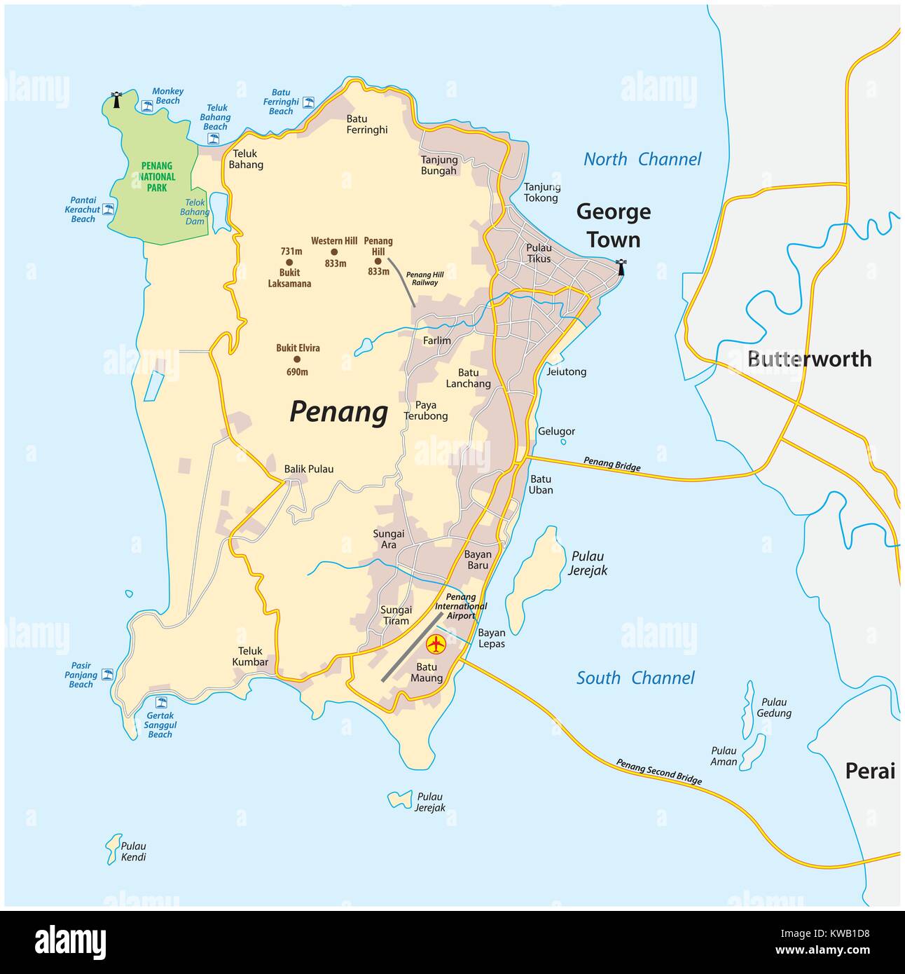 vector map of malay island city penang Stock Vector