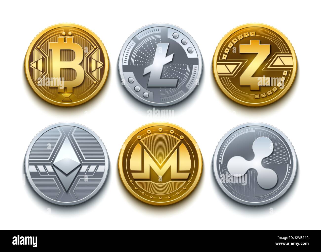 Digital vector cryptocurrency set icons. Bitcoin, Ethereum, Litecoin,  Monero, Ripple and Zcash detailed coins illustration Stock Vector Image &  Art - Alamy