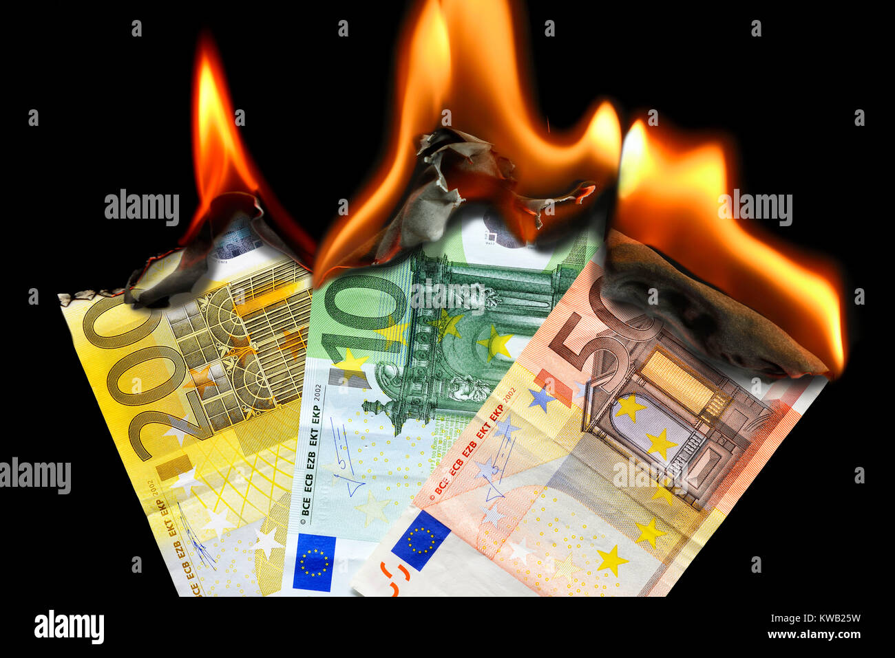 Burning euronotes, sinking eurocourse, Brennende Euroscheine, sinkender Eurokurs Stock Photo