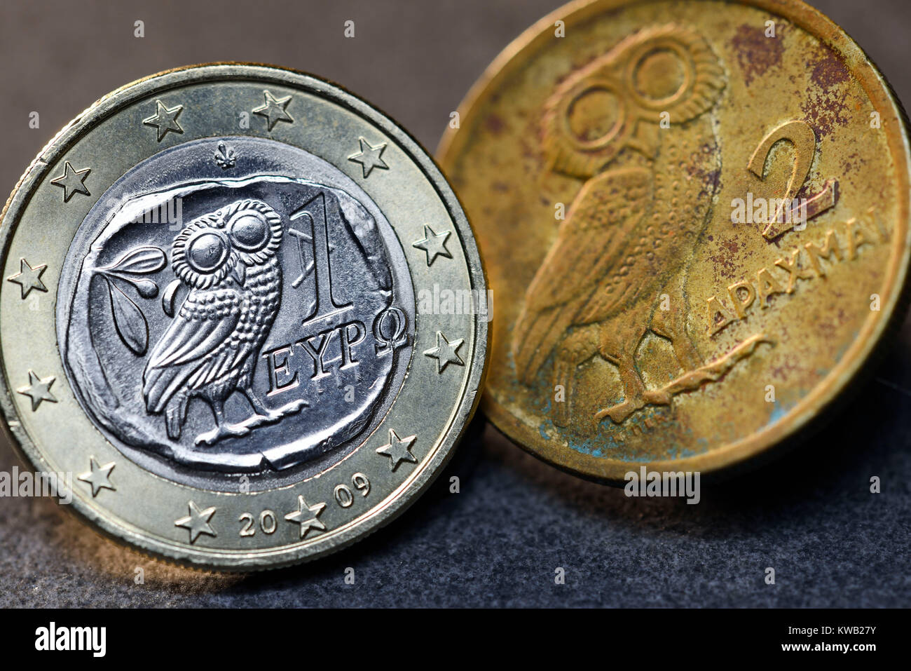Greek euro-coin one and Greek drachm, Griechische Ein-Euro-M?nze und griechische Drachme, Griechische Ein-Euro-Muenze und griechische Drachme Stock Photo