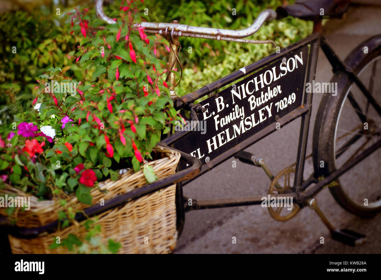 Bicycle advertising outside butchers shop, Helmsley, North Yorkshire Stock Photo