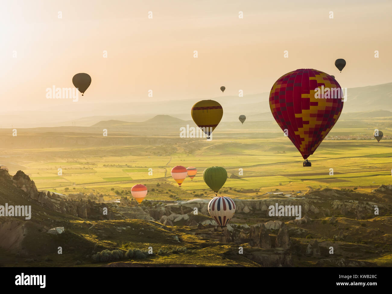 Hot air balloons flying over Cappadocia, Turkey Stock Photo
