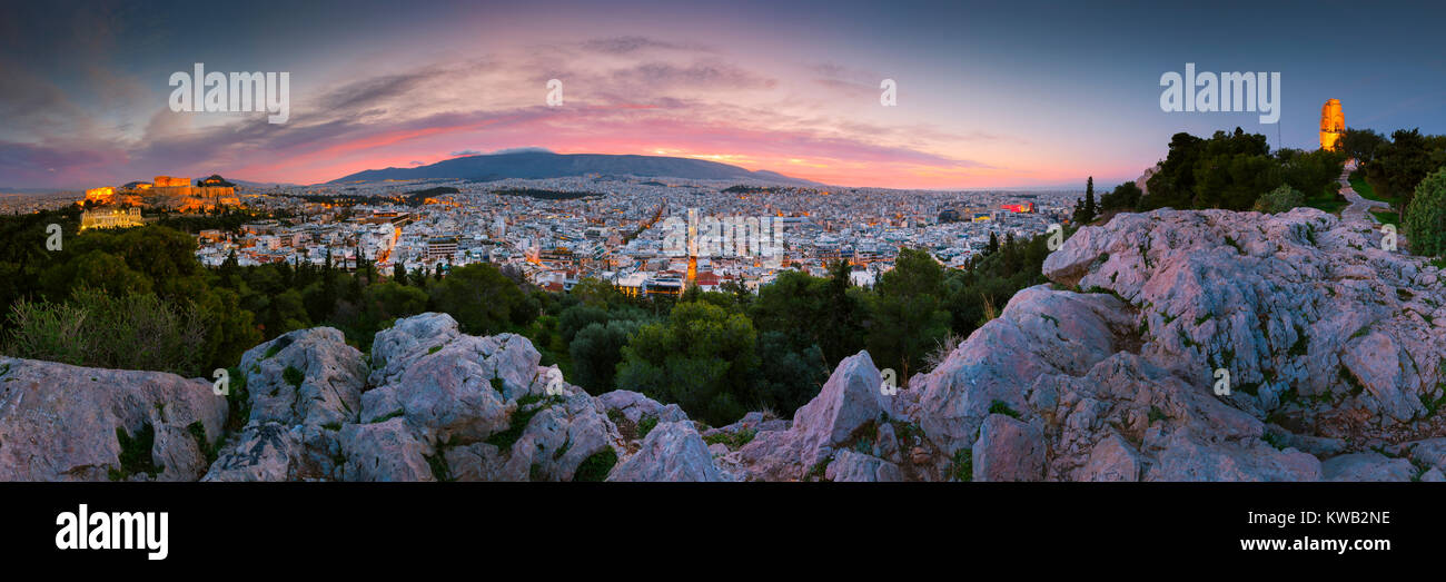 View of Acropolis from Filopappou hill at sunrise, Greece. Stock Photo