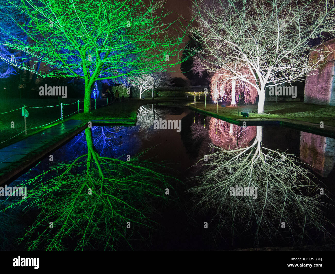 Eltham Palace moat reflection at night Stock Photo