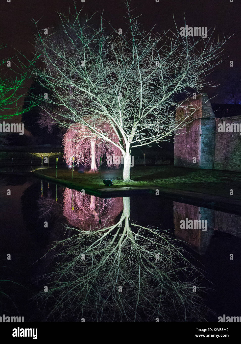 Eltham Palace moat reflection at night Stock Photo