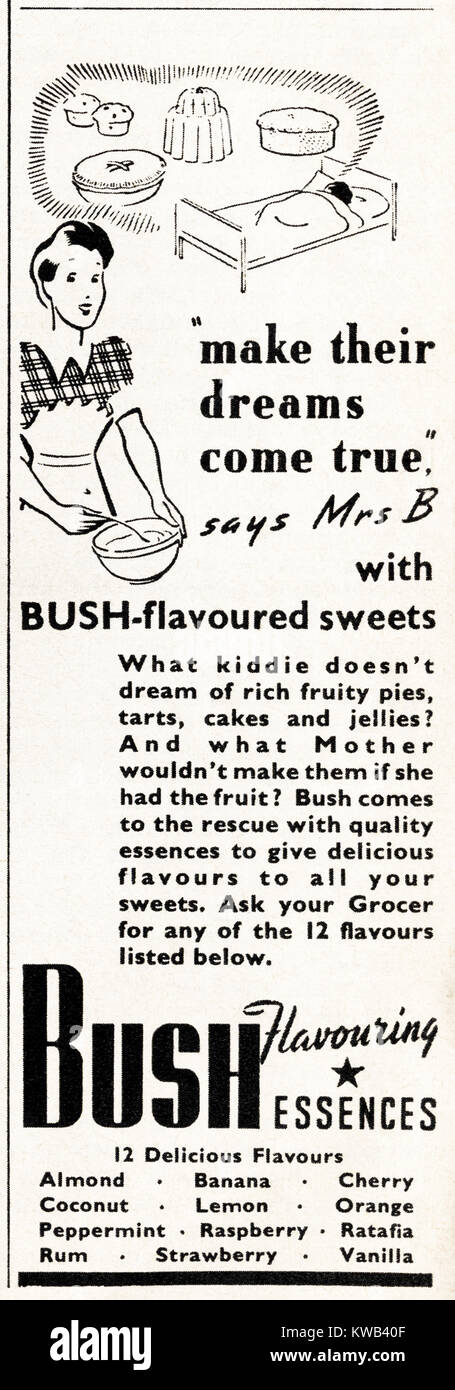 1940s old vintage original advert advertising Bush flavouring essences in magazine circa 1947 when supplies were still restricted under postwar rationing Stock Photo