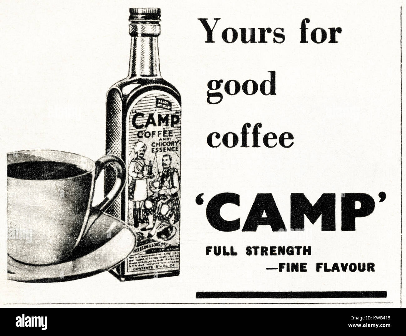 1940s old vintage original advert advertising Camp Coffee with chicory essence in magazine circa 1947 when supplies were still restricted under postwar rationing Stock Photo