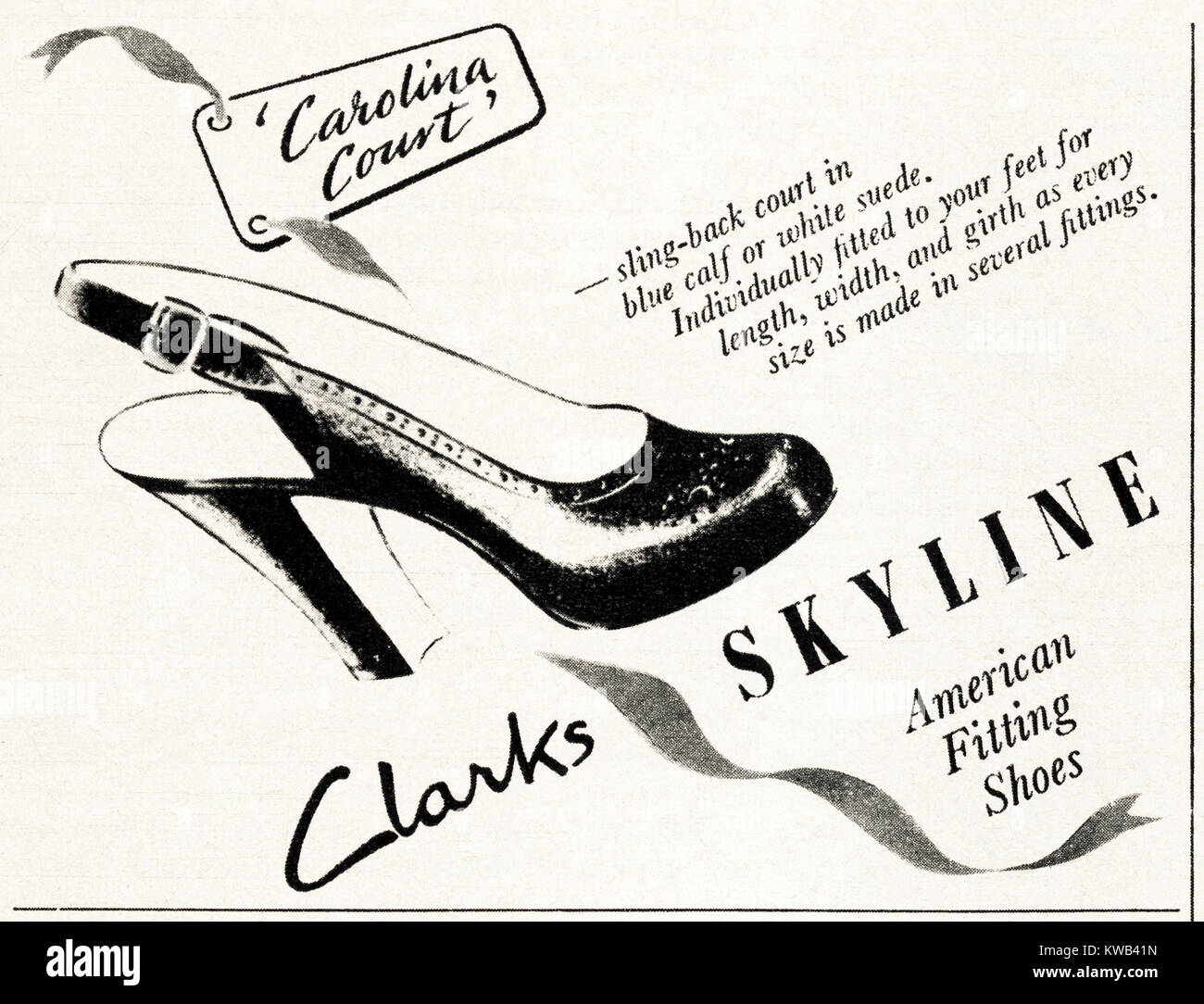 1940s old vintage original advert advertising Clarks Skyline American fitting shoes in magazine circa 1947 when supplies were still restricted under postwar rationing Stock Photo